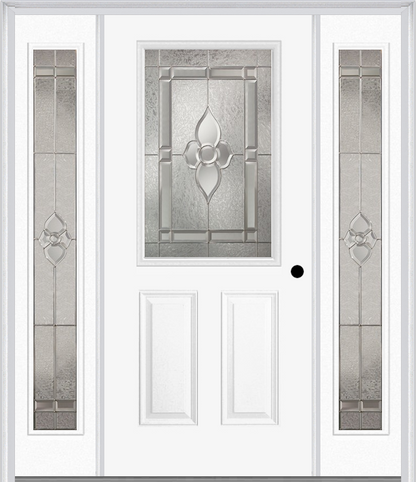 MMI 1/2 Lite 2 Panel 6'8" Fiberglass Smooth Nouveau Nickel, Or Nouveau Patina Exterior Prehung Door With 2 Full Lite Nouveau Brass/Nickel/Patina Decorative Glass Sidelights 684