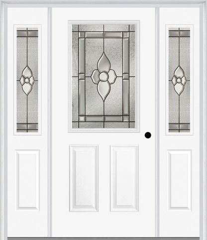 MMI 1/2 Lite 2 Panel 6'8" Fiberglass Smooth Nouveau Nickel Or Nouveau Patina Exterior Prehung Door With 2 Half Lite Nouveau Brass/Nickel/Patina Decorative Glass Sidelights 684