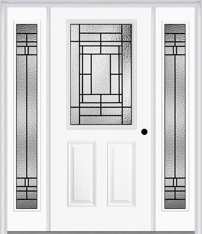 MMI 1/2 Lite 2 Panel 6'8" Fiberglass Smooth Pembrook Patina Exterior Prehung Door With 2 Full Lite Pembrook Patina Decorative Glass Sidelights 684