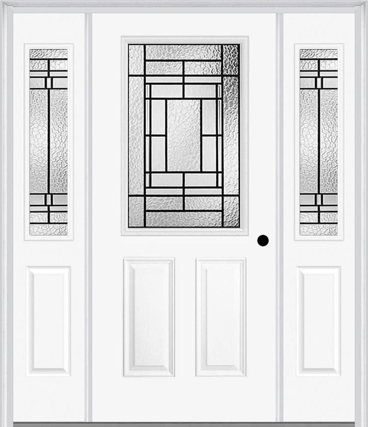 MMI 1/2 Lite 2 Panel 6'8" Fiberglass Smooth Pembrook Patina Exterior Prehung Door With 2 Half Lite Pembrook Patina Decorative Glass Sidelights 684
