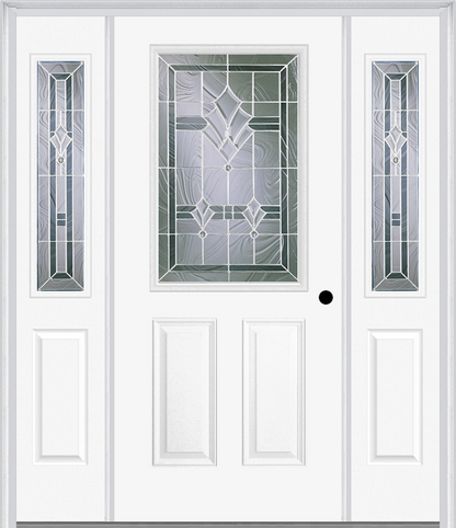 MMI 1/2 Lite 2 Panel 6'8" Fiberglass Smooth Radiant Hues Nickel Exterior Prehung Door With 2 Half Lite Radiant Hues Nickel Decorative Glass Sidelights 684