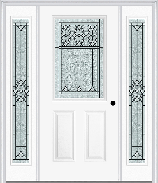 MMI 1/2 Lite 2 Panel 6'8" Fiberglass Smooth Selwyn Patina Exterior Prehung Door With 2 Full Lite Selwyn Patina Decorative Glass Sidelights 684