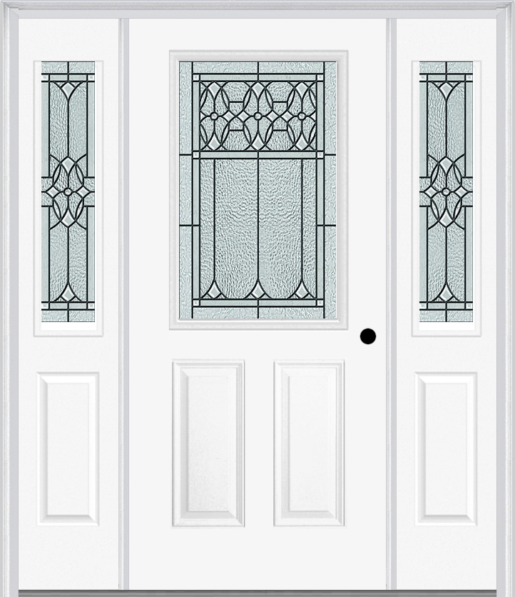 MMI 1/2 Lite 2 Panel 6'8" Fiberglass Smooth Selwyn Patina Exterior Prehung Door With 2 Half Lite Selwyn Patina Decorative Glass Sidelights 684