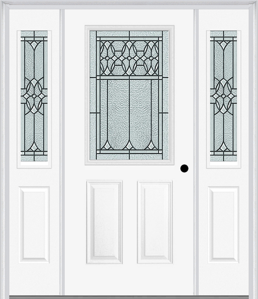 MMI 1/2 Lite 2 Panel 6'8" Fiberglass Smooth Selwyn Patina Exterior Prehung Door With 2 Half Lite Selwyn Patina Decorative Glass Sidelights 684