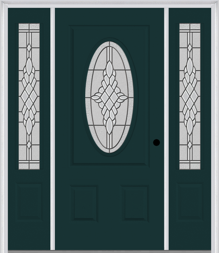 MMI SMALL OVAL 2 PANEL 6'8" FIBERGLASS SMOOTH GRACE NICKEL OR GRACE PATINA EXTERIOR PREHUNG DOOR WITH 2 GRACE NICKEL/PATINA 3/4 LITE DECORATIVE GLASS SIDELIGHTS 949