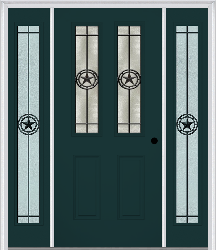 MMI 2-1/2 Lite 2 Panel 6'8" Fiberglass Smooth Elegant Star Wrought Iron Exterior Prehung Door With 2 Full Lite Elegant Star Wrought Iron Decorative Glass Sidelights 692