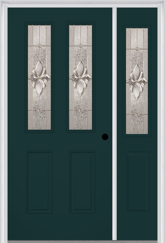 MMI 2-1/2 Lite 2 Panel 3'0" X 6'8" Fiberglass Smooth Heirlooms Brass Or Heirlooms Satin Nickel Exterior Prehung Door With 1 Half Lite Heirlooms Brass/Satin Nickel Decorative Glass Sidelight 692