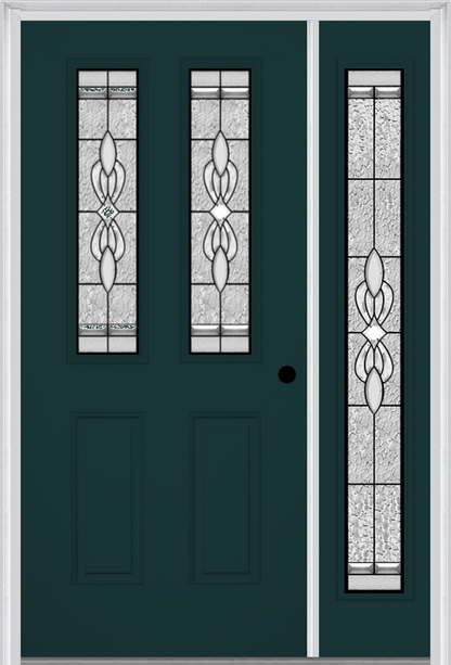 MMI 2-1/2 Lite 2 Panel 6'8" Fiberglass Smooth Jamestown Patina Exterior Prehung Door With 1 Full Lite Jamestown Patina Decorative Glass Sidelight 692