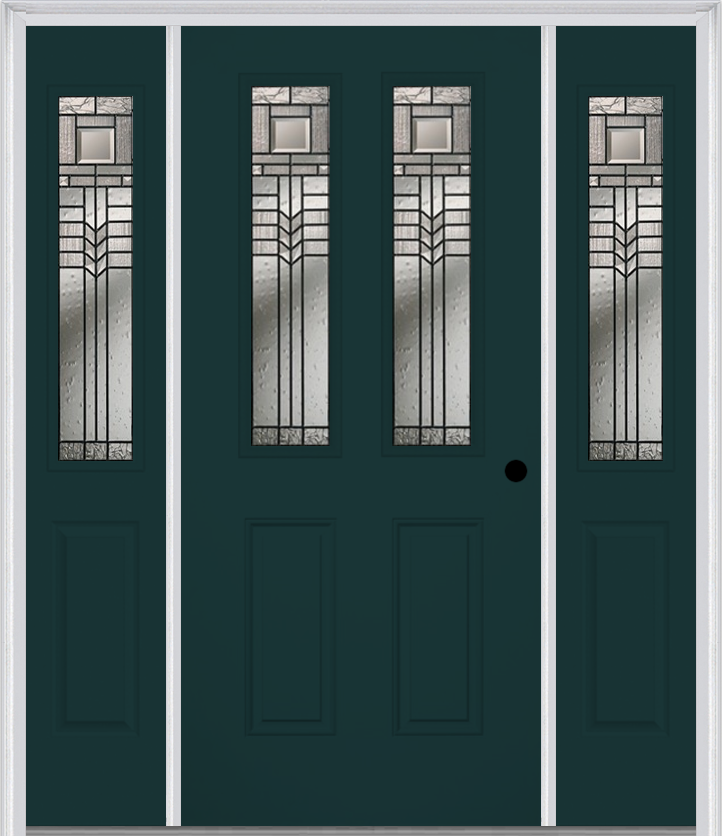 MMI 2-1/2 Lite 2 Panel 6'8" Fiberglass Smooth Oak Park Patina Exterior Prehung Door With 2 Half Lite Oak Park Patina Decorative Glass Sidelights 692