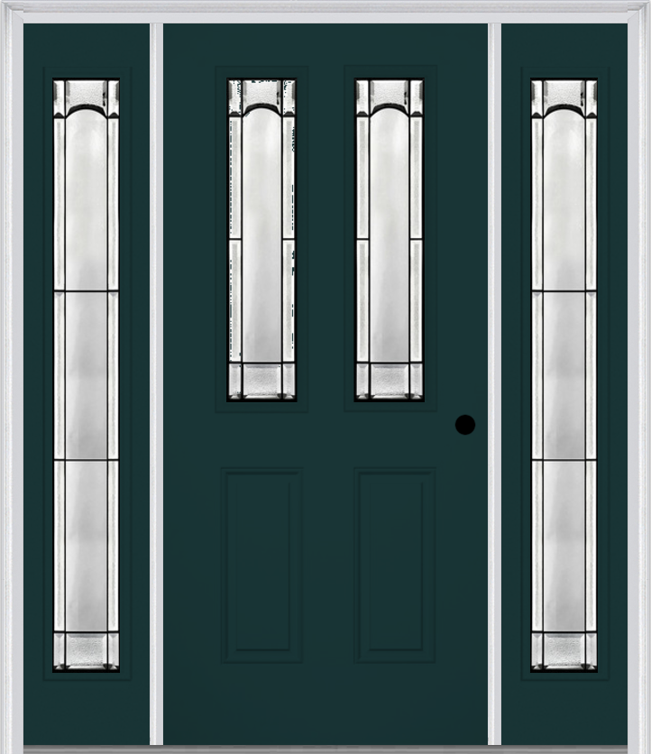 MMI 2-1/2 Lite 2 Panel 6'8" Fiberglass Smooth Soleil Patina Exterior Prehung Door With 2 Full Lite Soleil Patina Decorative Glass Sidelights 692