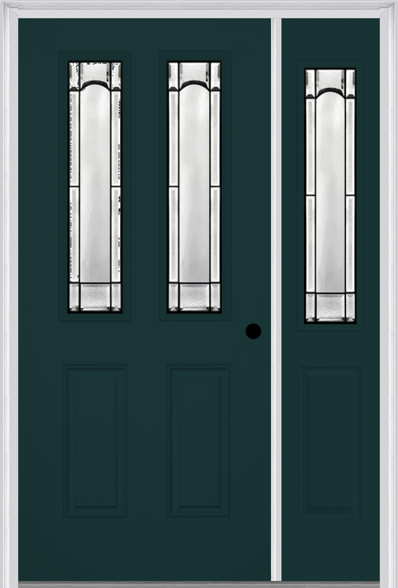 MMI 2-1/2 Lite 2 Panel 6'8" Fiberglass Smooth Soleil Patina Exterior Prehung Door With 1 Half Lite Soleil Patina Decorative Glass Sidelight 692
