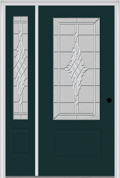 MMI 3/4 Lite 1 Panel 3'0" X 6'8" Fiberglass Smooth Grace Nickel Or Grace Patina Exterior Prehung Door With 1 Grace Nickel/Patina 3/4 Lite Decorative Glass Sidelight 608