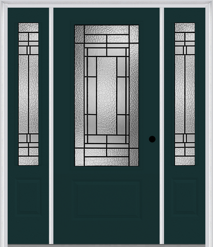 MMI 3/4 Lite 1 Panel 6'8" Fiberglass Smooth Pembrook Patina Exterior Prehung Door With 2 Pembrook Patina 3/4 Lite Decorative Glass Sidelights 608