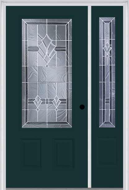 MMI 3/4 LITE 2 PANEL 6'8" FIBERGLASS SMOOTH RADIANT HUES NICKEL EXTERIOR PREHUNG DOOR WITH 1 RADIANT HUES NICKEL 3/4 LITE DECORATIVE GLASS SIDELIGHT 607