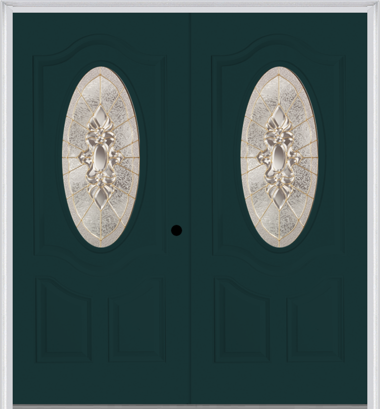 MMI Twin/Double Small Oval 2 Panel Deluxe 6'8" Fiberglass Smooth Heirlooms Brass Or Heirlooms Satin Nickel Decorative Glass Exterior Prehung Door 749