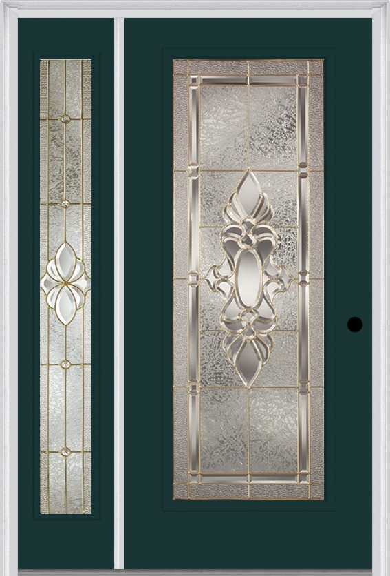 MMI Full Lite 3'0" X 6'8" Fiberglass Smooth Heirlooms Brass Or Heirlooms Satin Nickel Exterior Prehung Door With 1 Full Lite Heirlooms Brass/Satin Nickel Decorative Glass Sidelight 686