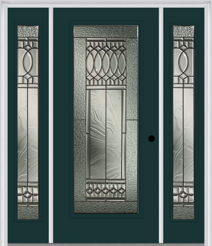 MMI Full Lite 6'8" Fiberglass Smooth Paris Patina Exterior Prehung Door With 2 Full Lite Paris Patina Decorative Glass Sidelights 686