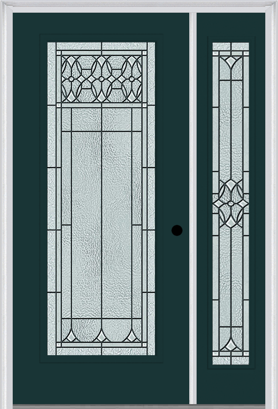 MMI Full Lite 6'8" Fiberglass Smooth Selwyn Patina Exterior Prehung Door With 1 Full Lite Selwyn Patina Decorative Glass Sidelight 686