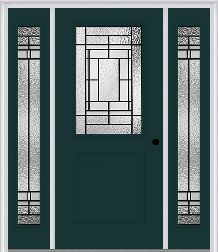 MMI 1/2 Lite 1 Panel 6'8" Fiberglass Smooth Pembrook Patina Exterior Prehung Door With 2 Full Lite Pembrook Patina Decorative Glass Sidelights 682