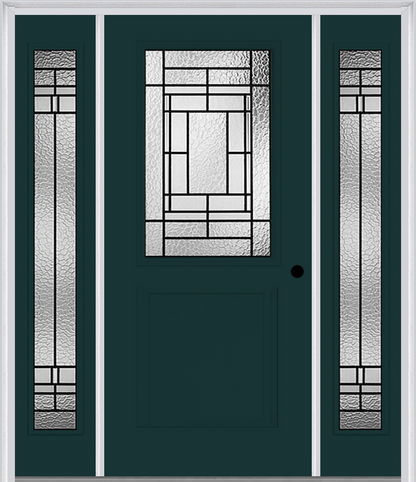 MMI 1/2 Lite 1 Panel 6'8" Fiberglass Smooth Pembrook Patina Exterior Prehung Door With 2 Full Lite Pembrook Patina Decorative Glass Sidelights 682