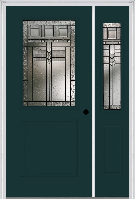 MMI 1/2 Lite 1 Panel 6'8" Fiberglass Smooth Oak Park Patina Exterior Prehung Door With 1 Half Lite Oak Park Patina Decorative Glass Sidelight 682
