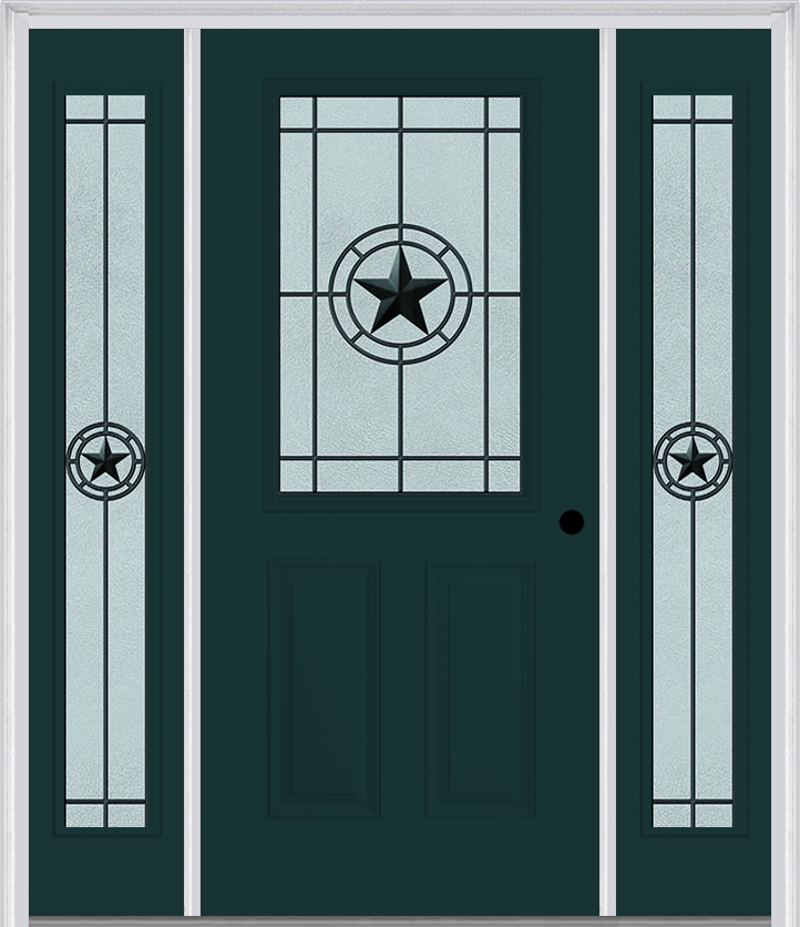 MMI 1/2 Lite 2 Panel 6'8" Fiberglass Smooth Elegant Star Wrought Iron Exterior Prehung Door With 2 Full Lite Elegant Star Wrought Iron Decorative Glass Sidelights 684