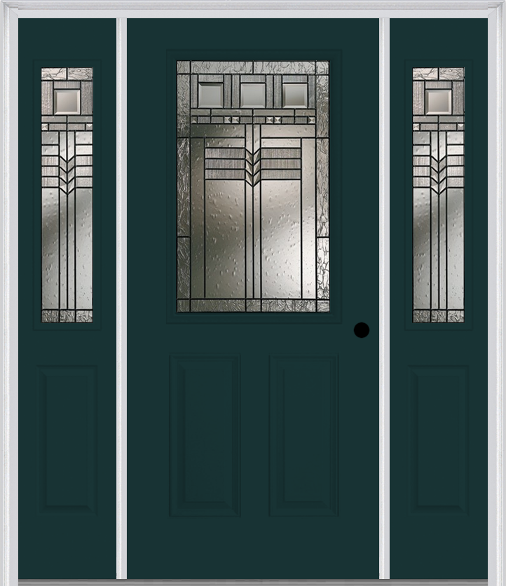 MMI 1/2 Lite 2 Panel 6'8" Fiberglass Smooth Oak Park Patina Exterior Prehung Door With 2 Half Lite Oak Park Patina Decorative Glass Sidelights 684