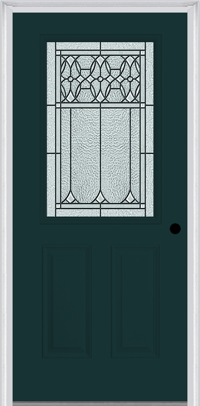MMI 1/2 Lite 2 Panel 6'8" Fiberglass Smooth Selwyn Patina Decorative Glass Exterior Prehung Door 684