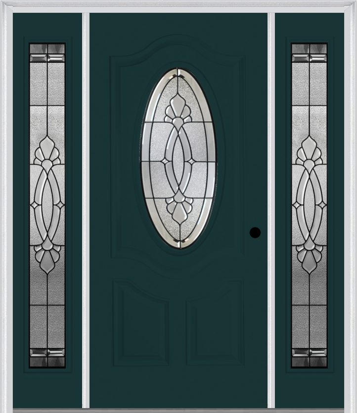 MMI SMALL OVAL 2 PANEL DELUXE 6'8" FIBERGLASS SMOOTH BELAIRE PATINA EXTERIOR PREHUNG DOOR WITH 2 FULL LITE BELAIRE PATINA DECORATIVE GLASS SIDELIGHTS 749