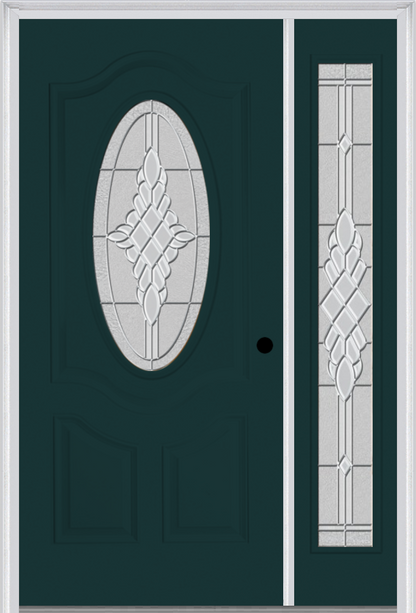 MMI SMALL OVAL 2 PANEL DELUXE 3'0" X 6'8" FIBERGLASS SMOOTH GRACE NICKEL OR GRACE PATINA EXTERIOR PREHUNG DOOR WITH 1 FULL LITE GRACE NICKEL/PATINA DECORATIVE GLASS SIDELIGHT 749