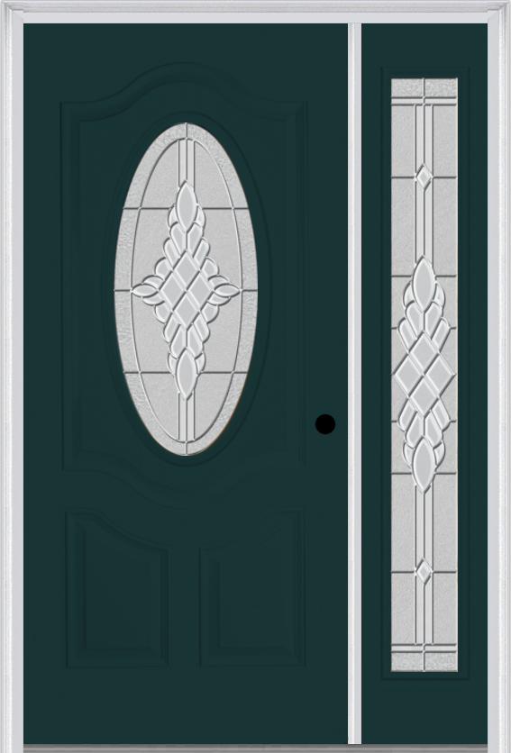MMI Small Oval 2 Panel Deluxe 3'0" X 6'8" Fiberglass Smooth Grace Nickel Or Grace Patina Exterior Prehung Door With 1 Full Lite Grace Nickel/Patina Decorative Glass Sidelight 749
