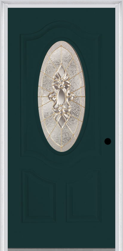 MMI Small Oval 2 Panel Deluxe 6'8" Fiberglass Smooth Heirlooms Brass Or Heirlooms Satin Nickel Decorative Glass Exterior Prehung Door 749