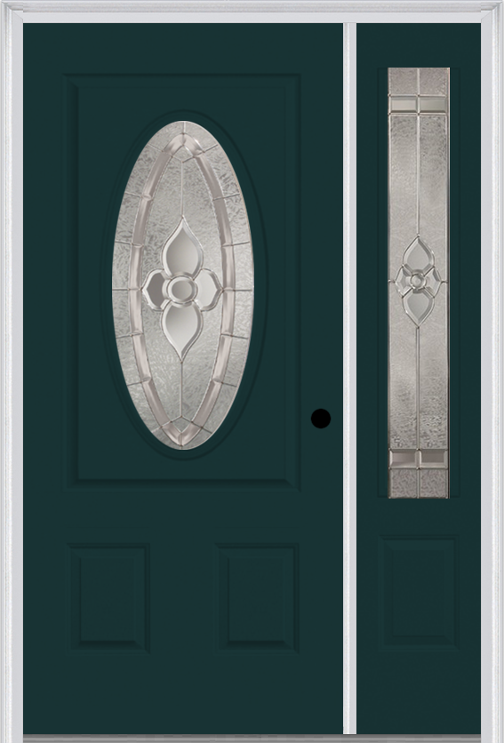 MMI Small Oval 2 Panel 3'0" X 6'8" Fiberglass Smooth Nouveau Nickel Or Nouveau Patina Exterior Prehung Door With 1 Nouveau Brass/Nickel/Patina 3/4 Lite Decorative Glass Sidelight 949