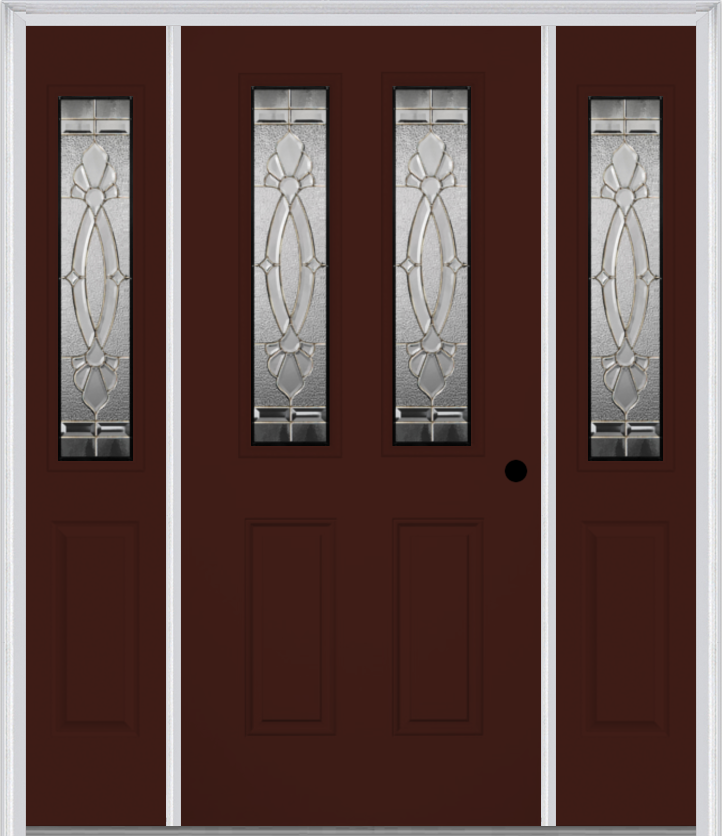 MMI 2-1/2 Lite 2 Panel 6'8" Fiberglass Smooth Belaire Zinc Exterior Prehung Door With 2 Half Lite Belaire Zinc Decorative Glass Sidelights 692