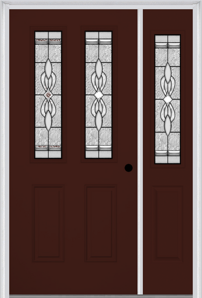 MMI 2-1/2 Lite 2 Panel 6'8" Fiberglass Smooth Jamestown Patina Exterior Prehung Door With 1 Half Lite Jamestown Patina Decorative Glass Sidelight 692