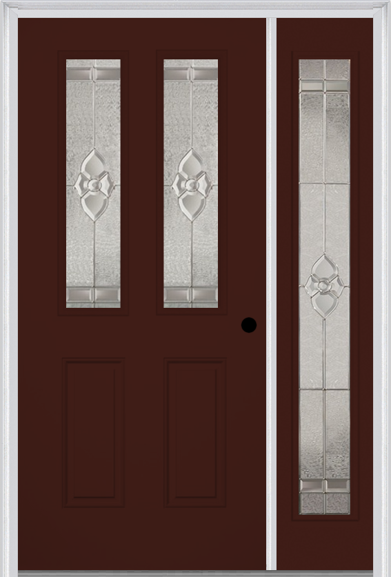 MMI 2-1/2 Lite 2 Panel 3'0" X 6'8" Fiberglass Smooth Nouveau Nickel Or Nouveau Patina Exterior Prehung Door With 1 Full Lite Nouveau Brass/Nickel/Patina Decorative Glass Sidelight 692