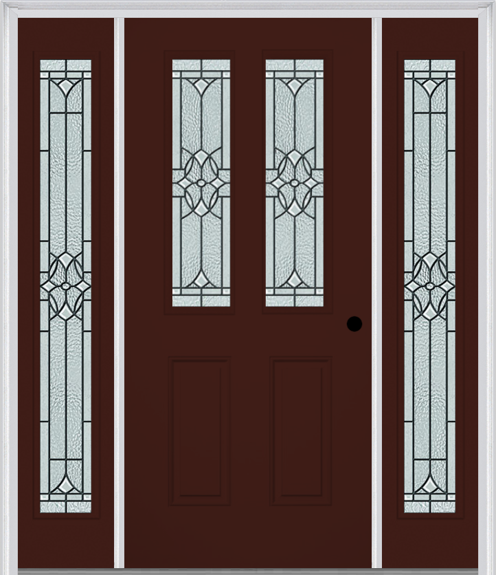 MMI 2-1/2 Lite 2 Panel 6'8" Fiberglass Smooth Selwyn Patina Exterior Prehung Door With 2 Full Lite Selwyn Patina Decorative Glass Sidelights 692