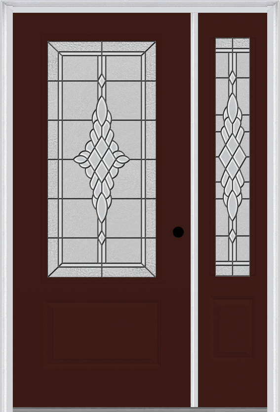 MMI 3/4 Lite 1 Panel 3'0" X 6'8" Fiberglass Smooth Grace Nickel Or Grace Patina Exterior Prehung Door With 1 Grace Nickel/Patina 3/4 Lite Decorative Glass Sidelight 608