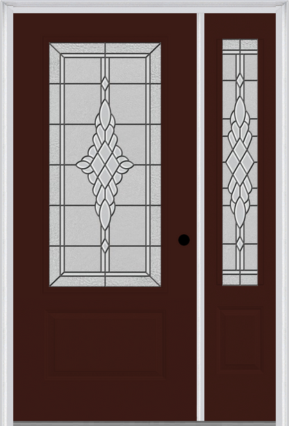 MMI 3/4 Lite 1 Panel 3'0" X 6'8" Fiberglass Smooth Grace Nickel Or Grace Patina Exterior Prehung Door With 1 Grace Nickel/Patina 3/4 Lite Decorative Glass Sidelight 608