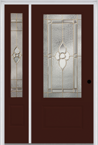 MMI 3/4 Lite 1 Panel 3'0" X 6'8" Fiberglass Smooth Nouveau Nickel Or Nouveau Patina Exterior Prehung Door With 1 Nouveau Brass/Nickel/Patina 3/4 Lite Decorative Glass Sidelight 608