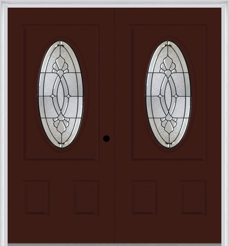 MMI Twin/Double Small Oval 2 Panel 6'8" Fiberglass Smooth Belaire Patina Decorative Glass Exterior Prehung Door 949