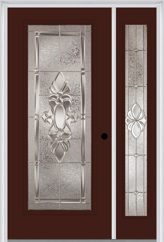 MMI Full Lite 3'0" X 6'8" Fiberglass Smooth Heirlooms Brass Or Heirlooms Satin Nickel Exterior Prehung Door With 1 Full Lite Heirlooms Brass/Satin Nickel Decorative Glass Sidelight 686