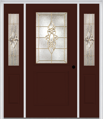 MMI 1/2 Lite 1 Panel 6'8" Fiberglass Smooth Heirlooms Brass Or Heirlooms Satin Nickel Exterior Prehung Door With 2 Half Lite Heirlooms Brass/Satin Nickel Decorative Glass Sidelights 682