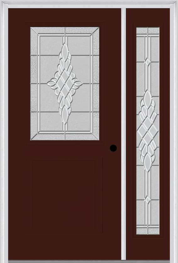 MMI 1/2 Lite 1 Panel 6'8" Fiberglass Smooth Grace Nickel Or Grace Patina Exterior Prehung Door With 1 Full Lite Grace Nickel/Patina Decorative Glass Sidelight 682