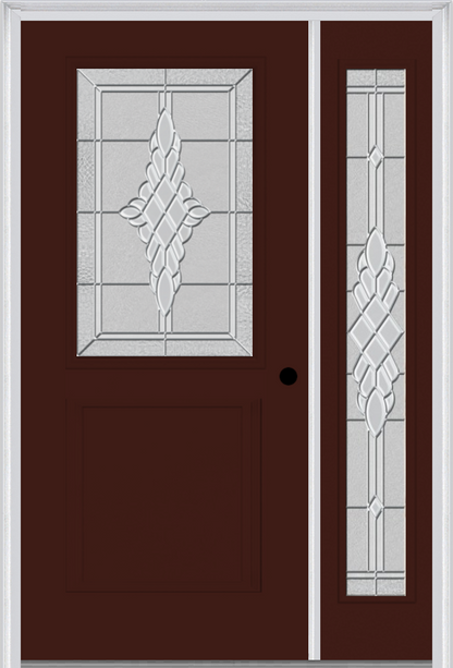 MMI 1/2 Lite 1 Panel 6'8" Fiberglass Smooth Grace Nickel Or Grace Patina Exterior Prehung Door With 1 Full Lite Grace Nickel/Patina Decorative Glass Sidelight 682