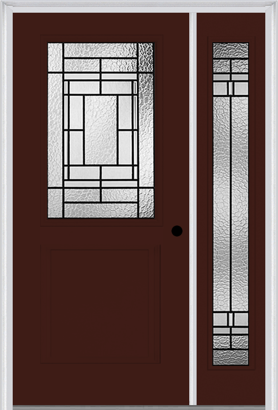 MMI 1/2 Lite 1 Panel 6'8" Fiberglass Smooth Pembrook Patina Exterior Prehung Door With 1 Full Lite Pembrook Patina Decorative Glass Sidelight 682