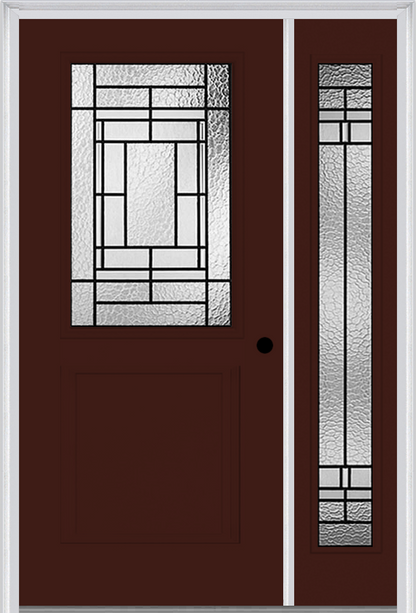 MMI 1/2 Lite 1 Panel 6'8" Fiberglass Smooth Pembrook Patina Exterior Prehung Door With 1 Full Lite Pembrook Patina Decorative Glass Sidelight 682