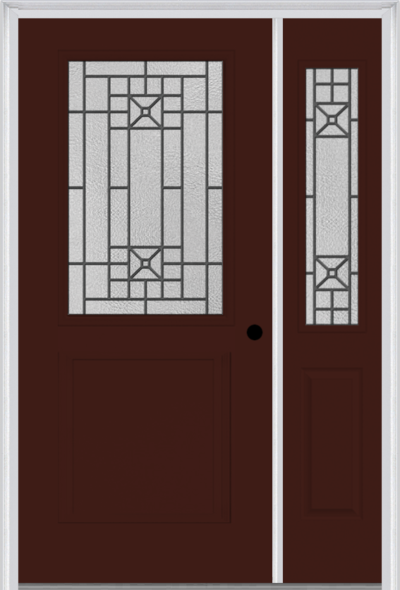MMI 1/2 Lite 1 Panel 6'8" Fiberglass Smooth Courtyard Nickel Vein Wrought Iron Exterior Prehung Door With 1 Half Lite Courtyard Nickel Vein Wrought Iron Decorative Glass Sidelight 682