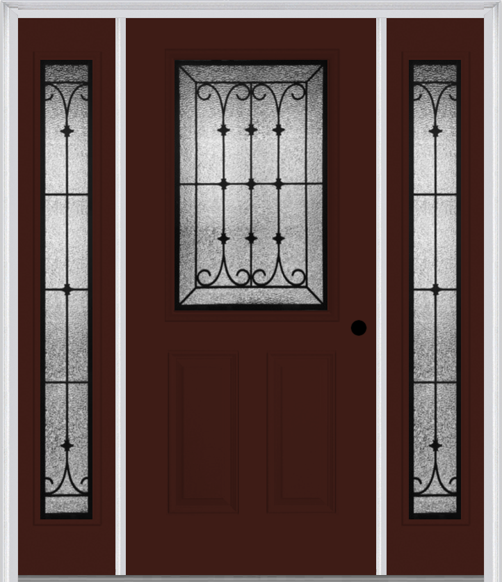 MMI 1/2 Lite 2 Panel 6'8" Fiberglass Smooth Chateau Wrought Iron Exterior Prehung Door With 2 Full Lite Chateau Wrought Iron Decorative Glass Sidelights 684