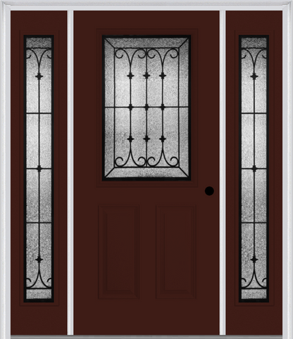 MMI 1/2 Lite 2 Panel 6'8" Fiberglass Smooth Chateau Wrought Iron Exterior Prehung Door With 2 Full Lite Chateau Wrought Iron Decorative Glass Sidelights 684